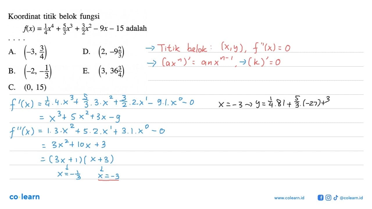 Koordinat titik belok fungsi f(x)=1/4 x^4+5/3 x^3+3/2