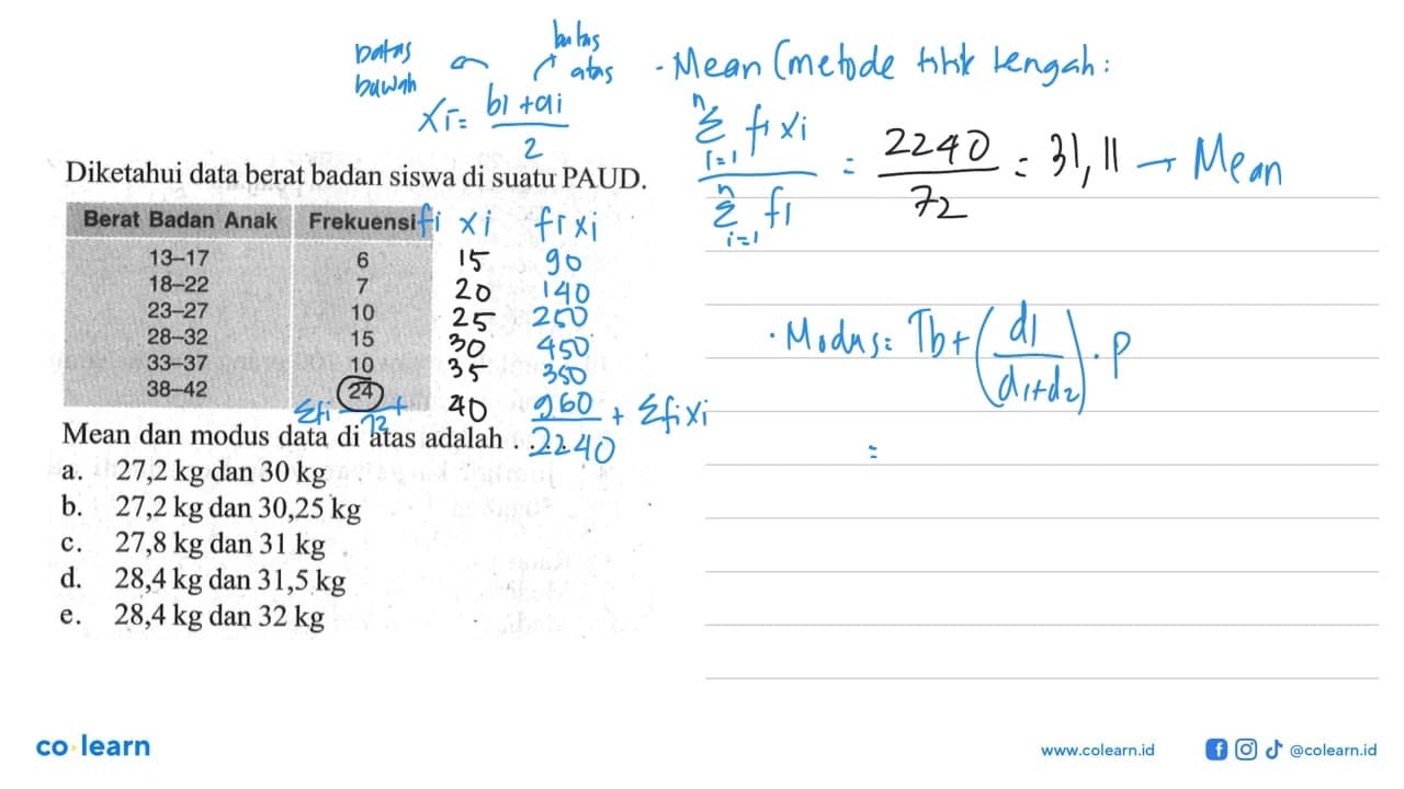 Diketahui data berat badan siswa di suatu PAUD. Berat Badan