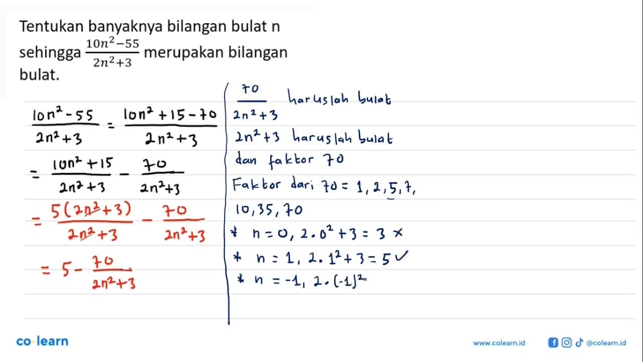 Tentukan banyaknya bilangan bulat n sehingga (10n^2 -