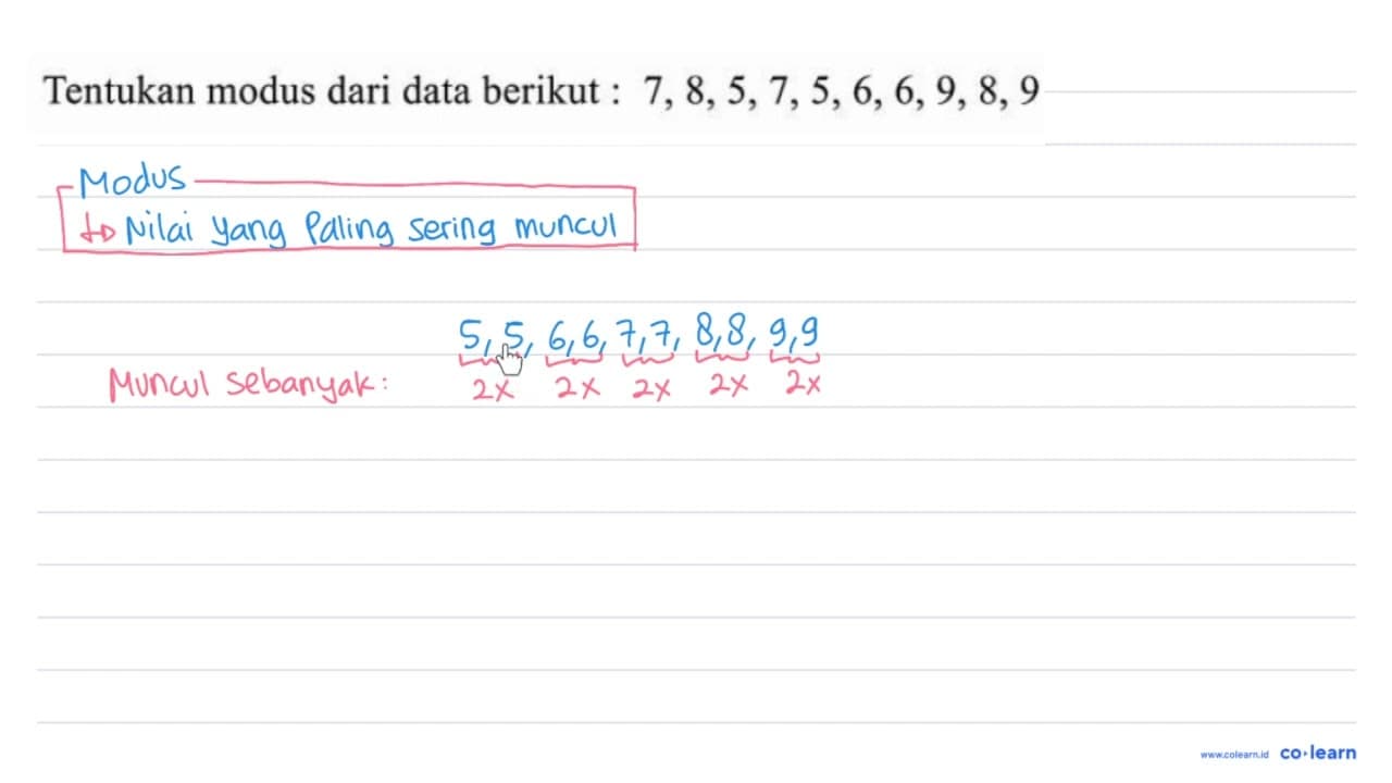 Tentukan modus dari data berikut: 7,8,5,7,5,6,6,9,8,9