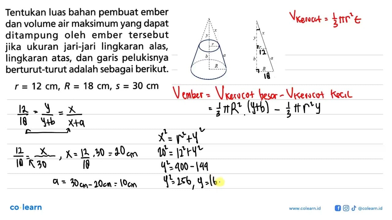 Tentukan luas bahan pembuat ember dan volume air maksimum