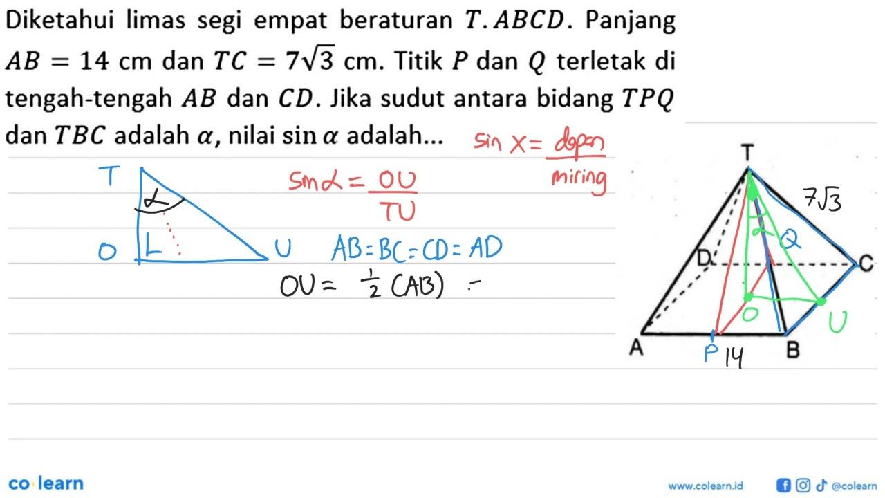 Diketahui limas segi empat beraturan T.ABCD. Panjang AB=14