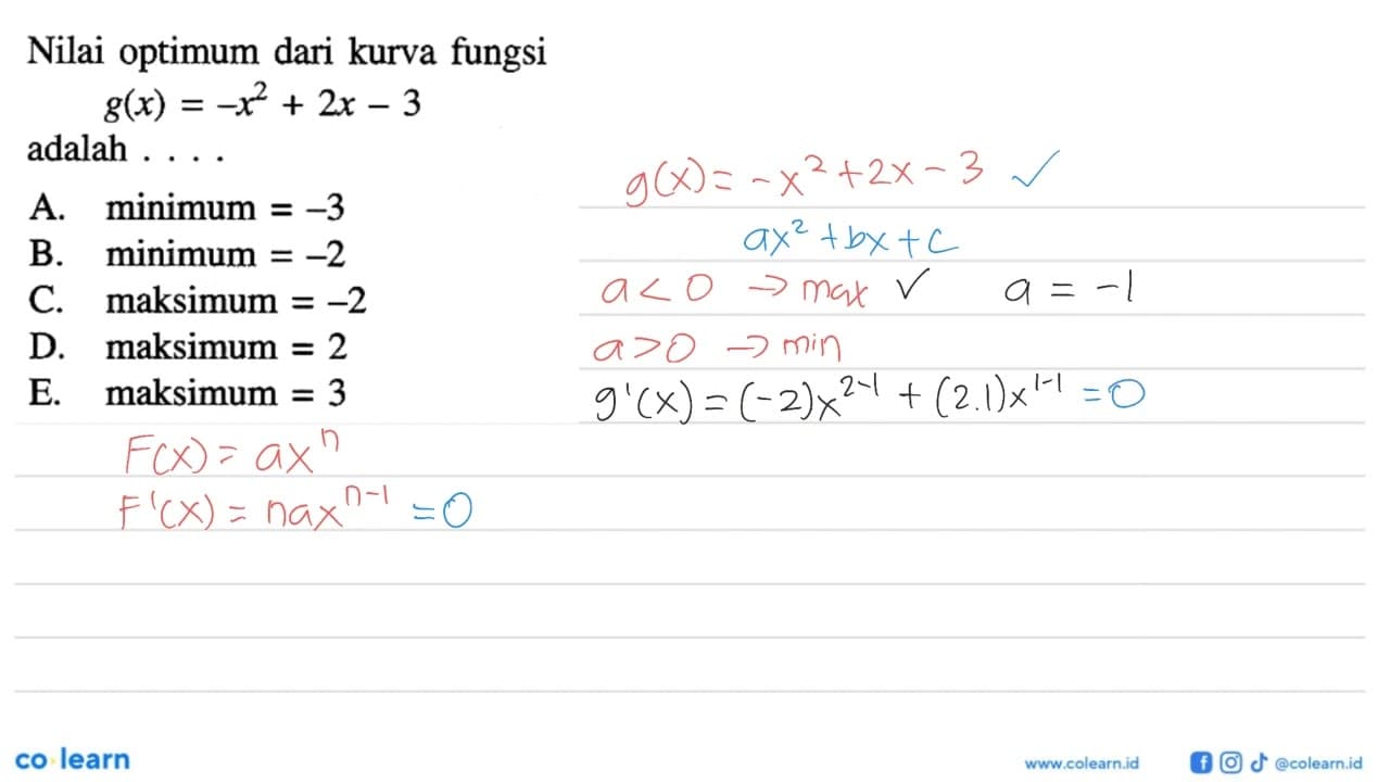 Nilai optimum dari kurva fungsi g(x)=-x^2+2x-3 adalah ...