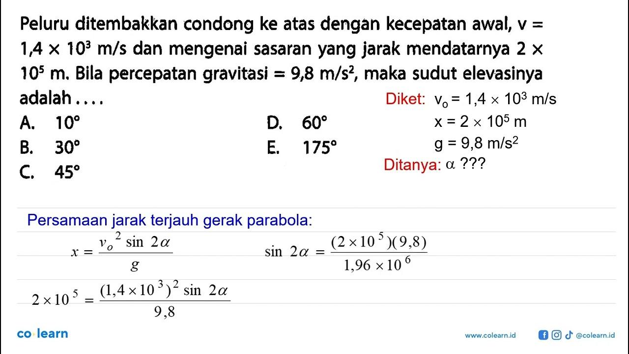 Peluru ditembakkan condong ke atas dengan kecepatan awal,