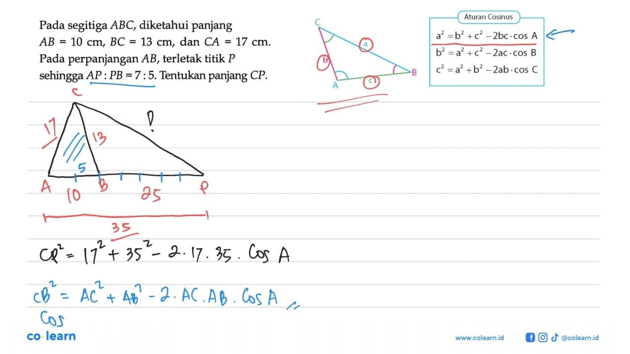 Pada segitiga ABC, diketahui panjang AB=10 cm, BC=13 cm,