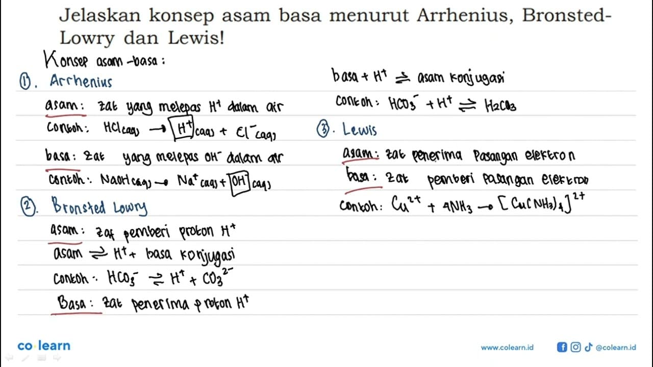 Jelaskan konsep asam basa menurut Arrhenius, BronstedLowry