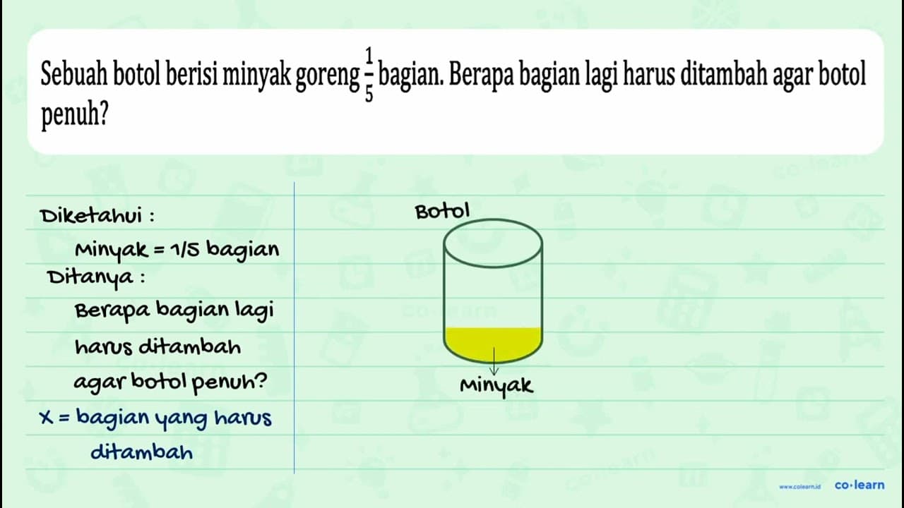 Sebuah botol berisi minyak goreng 1/5 bagian. Berapa bagian