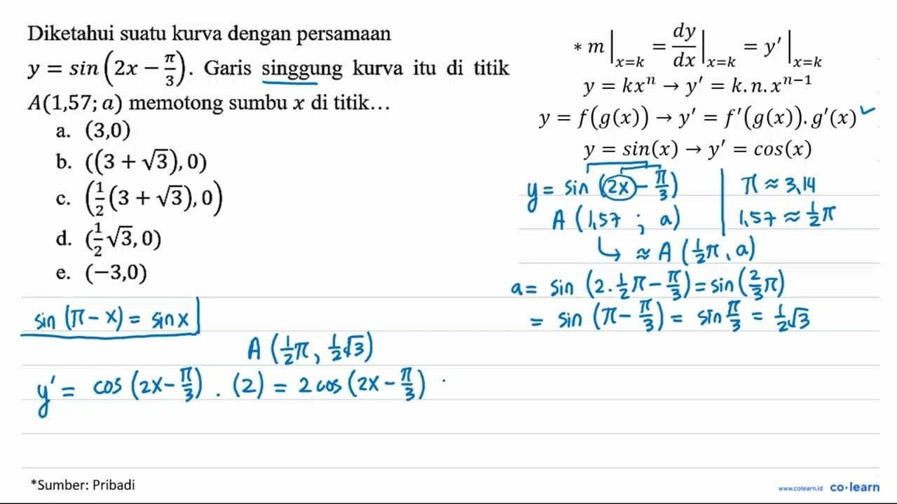 Diketahui suatu kurva dengan persamaan y=sin (2x - pi/3).