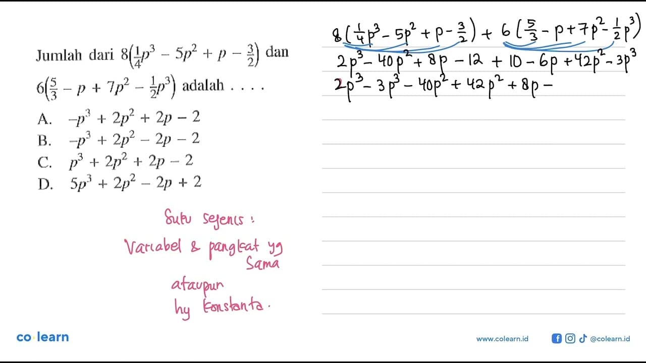 Jumlah dari 8(1/4p^3 - 5p^2 + p - 3/2) dan 6(5/3 - p + 7p^2