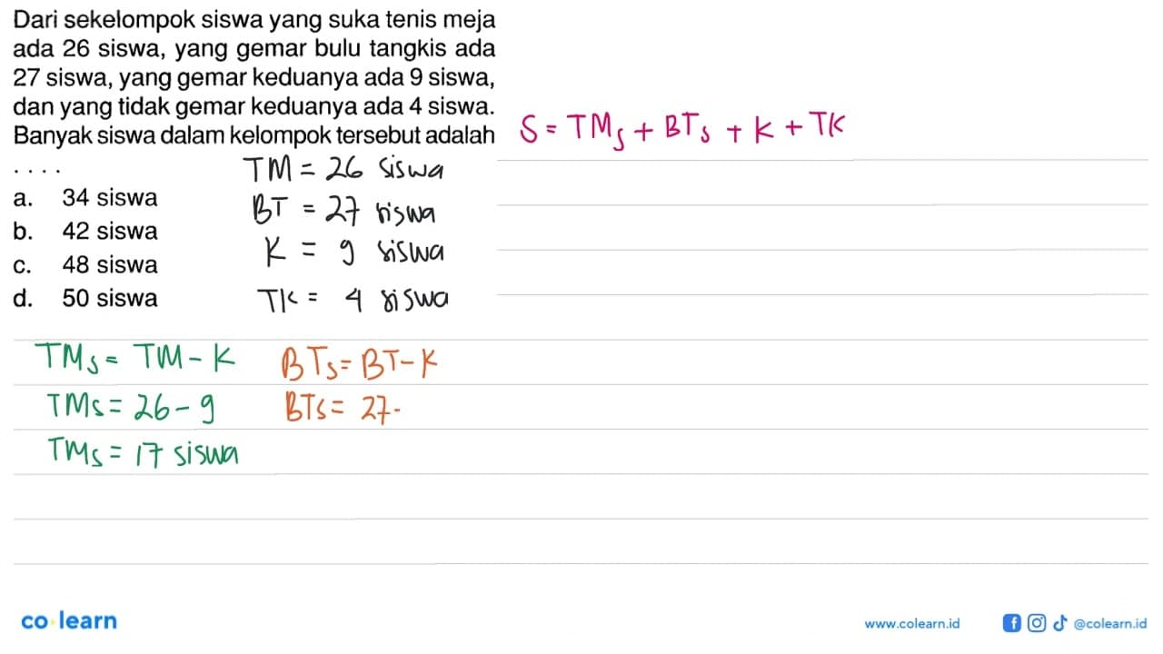 Dari sekelompok siswa yang suka tenis meja ada 26 siswa,