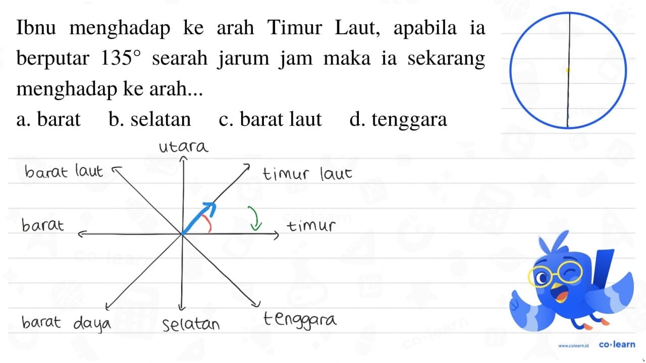 Ibnu menghadap ke arah Timur Laut, apabila ia berputar 135