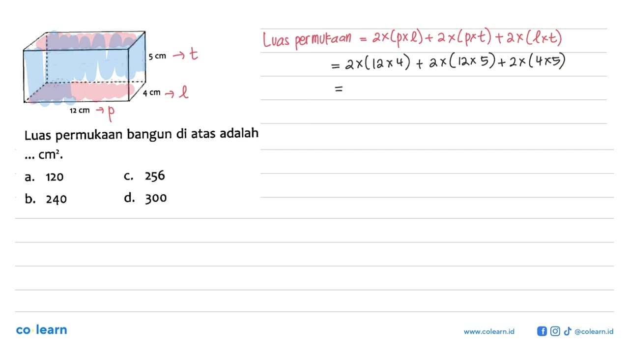 5 cm 4 cm 12 cm Luas permukaan bangun di atas adalah ...