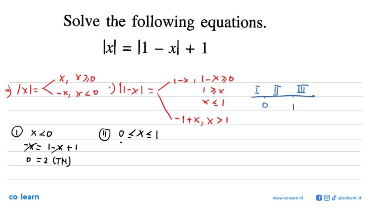 Solve the following equations. |x|=|1-x|+1