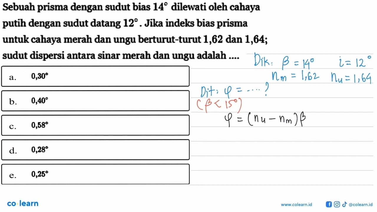 Sebuah prisma dengan sudut bias 14 dilewati oleh cahaya