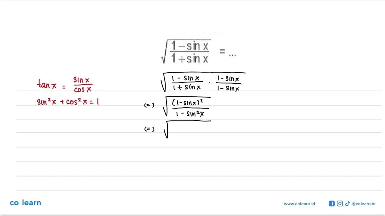 akar(1-sin x/1+sin x)=