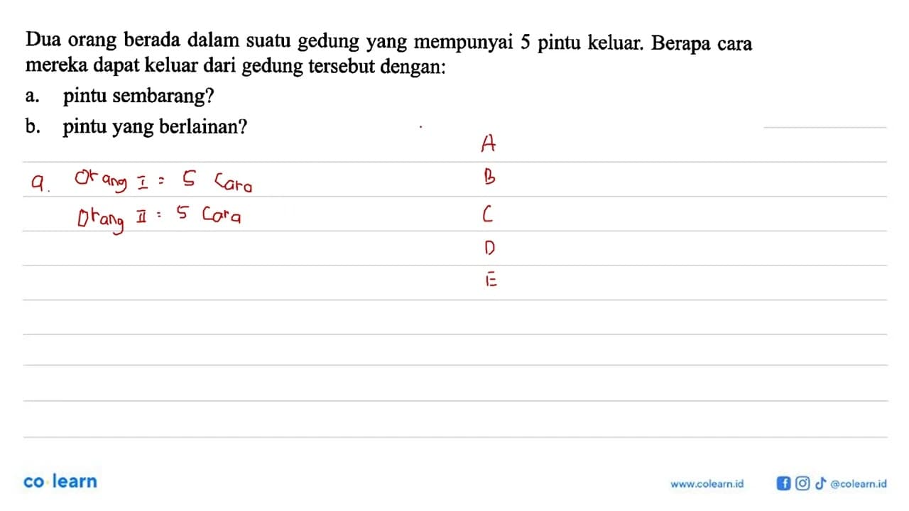 Dua orang berada dalam suatu gedung yang mempunyai 5 pintu