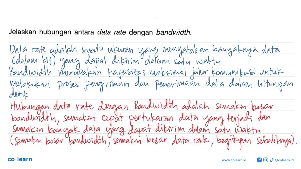 Jelaskan hubungan antara data rate dengan bandwidth.