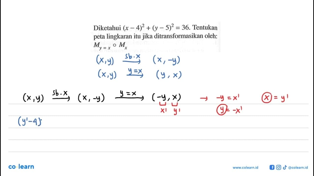 Diketahui (x -4)^2 + (y - 5)^2 = 36. Tentukan peta