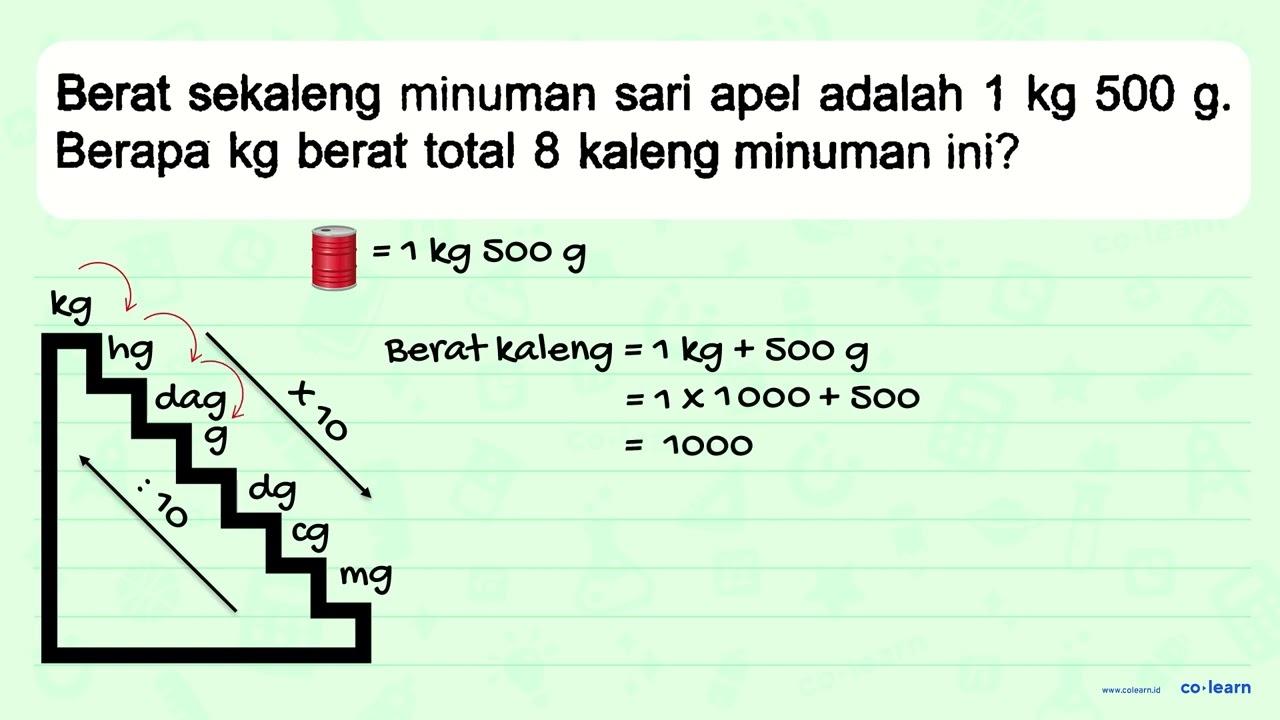 Berat sekaleng minuman sari apel adalah 1 kg 500 g. Berapa