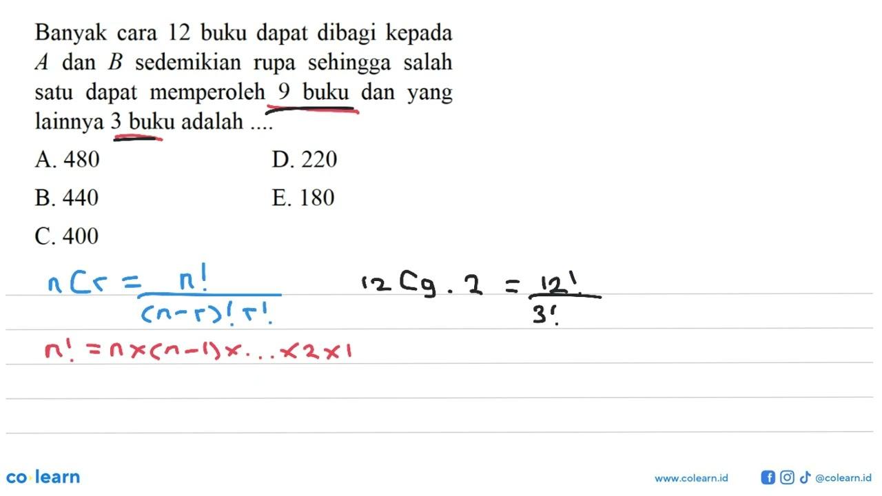 Banyak cara 12 buku dapat dibagi kepada A dan B sedemikian