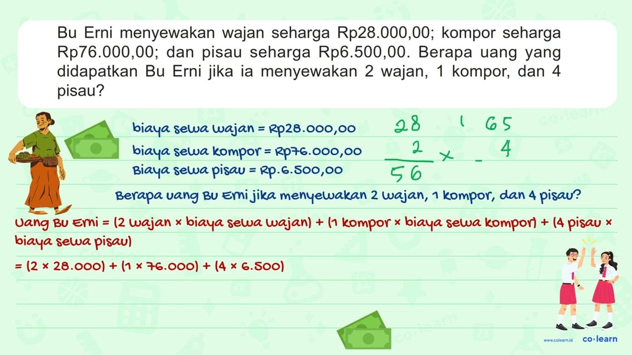 Bu Erni menyewakan wajan seharga Rp28.000,00; kompor