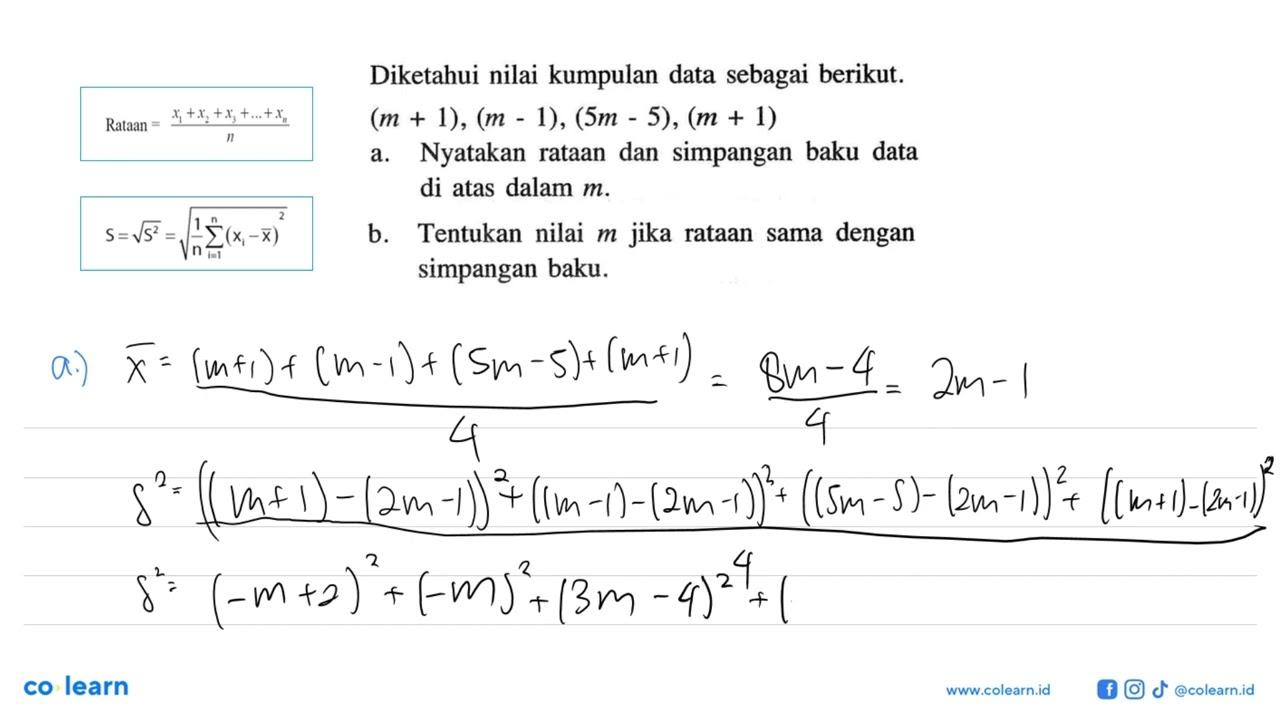 Diketahui nilai kumpulan data sebagai berikut (m+1), (m-1),