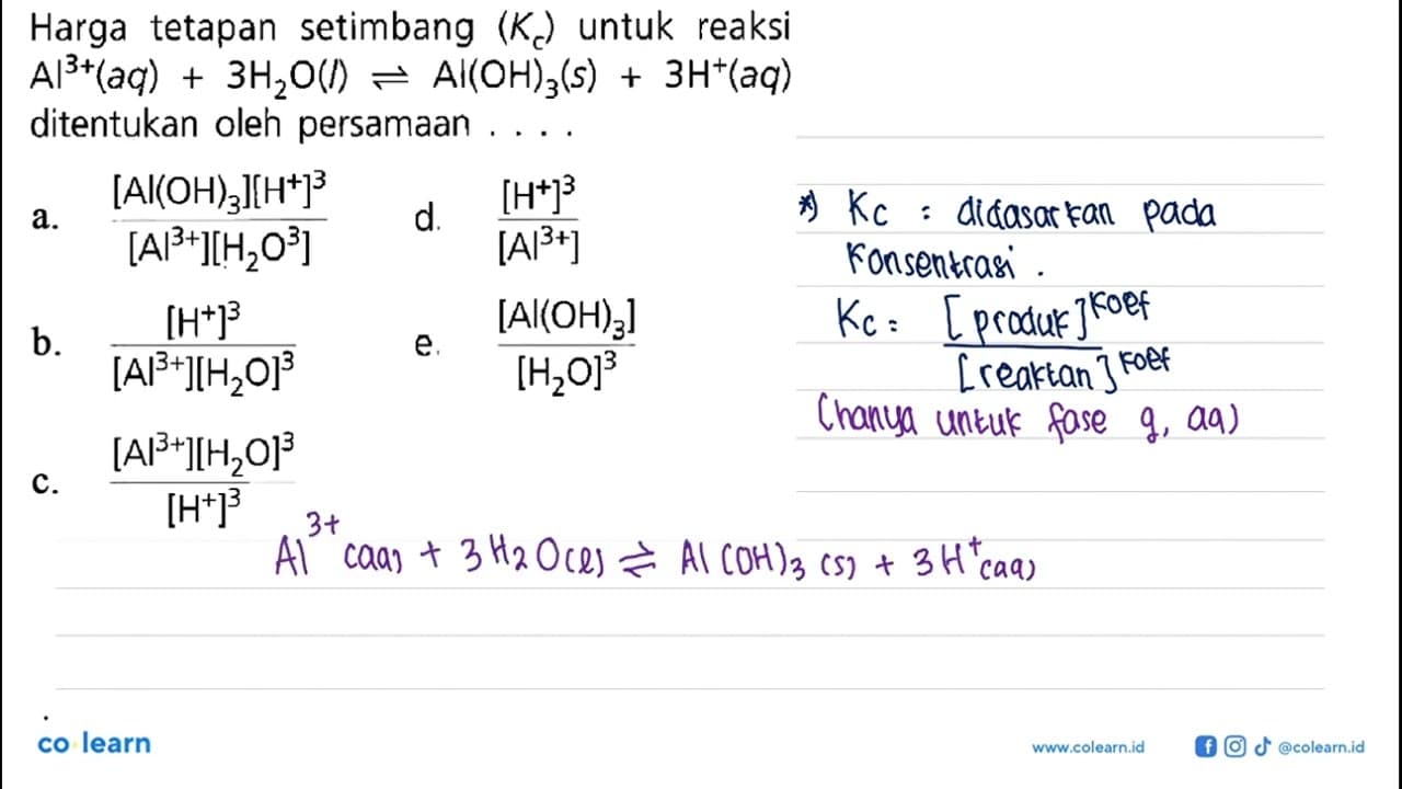 Harga tetapan setimbang (Kc) untuk reaksi Al^3+(aq)+3