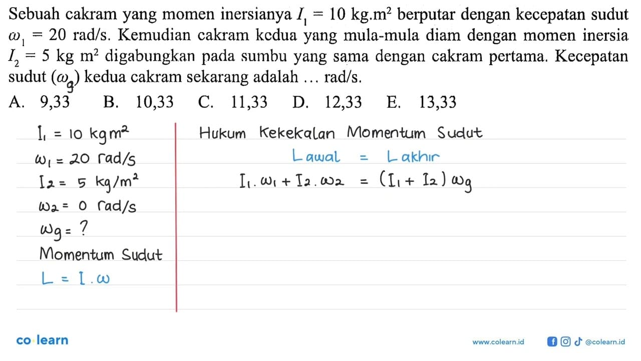 Sebuah cakram yang momen inersianya I1 = 10 kg.m^2 berputar