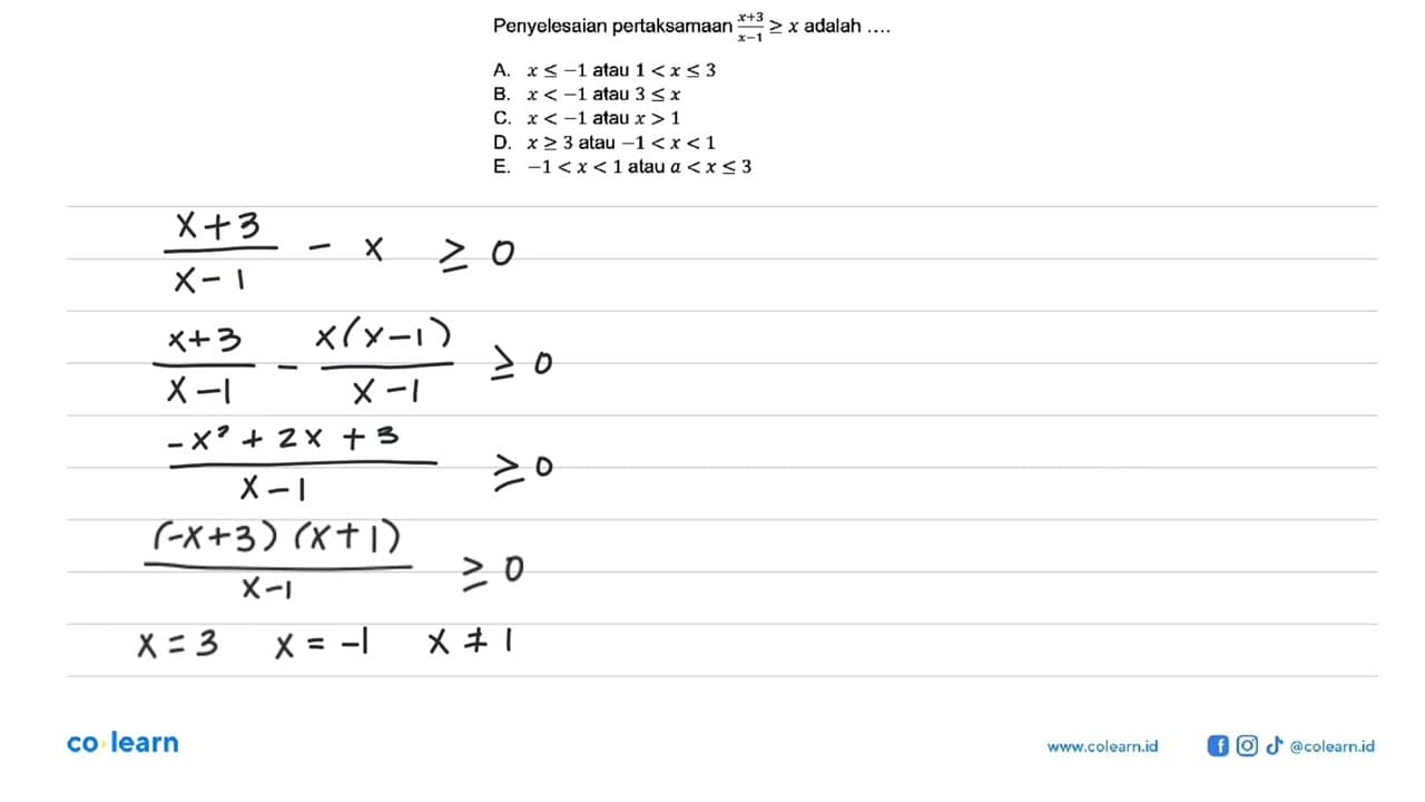 Penyelesaian pertaksamaan ((x + 3)/(x - 1)) >= x adalah