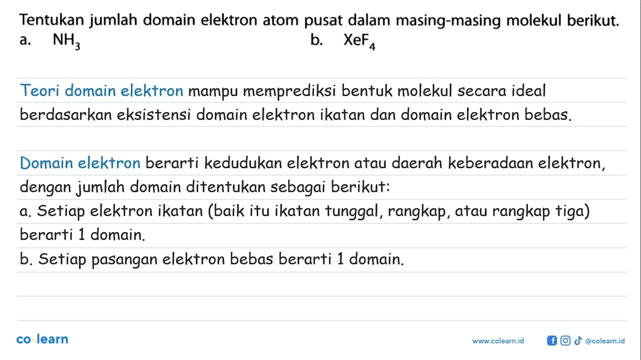 Tentukan jumlah domain elektron atom pusat dalam