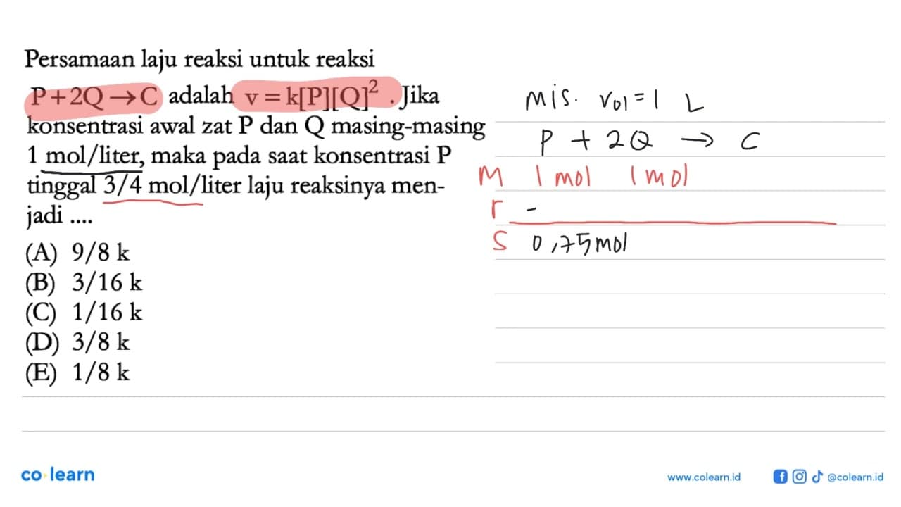 Persamaan laju reaksi untuk reaksi P + 2Q -> C adalah