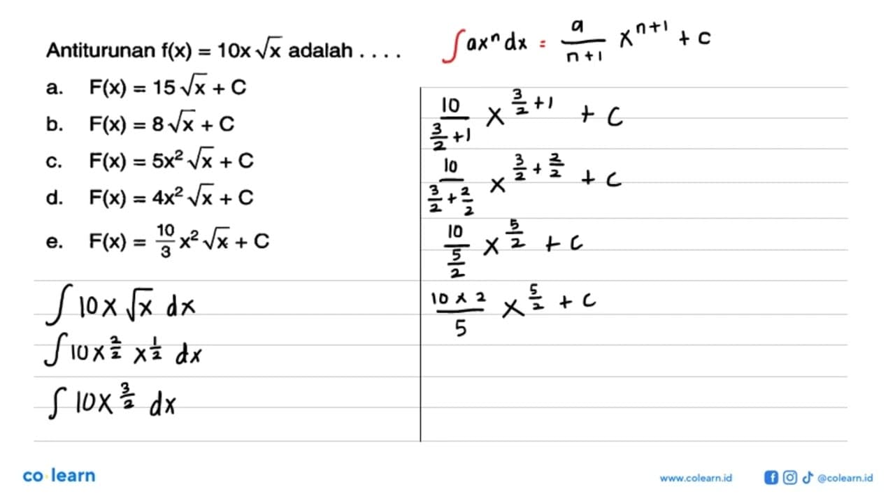 Antiturunan f(x)=10x akar(x) adalah ...