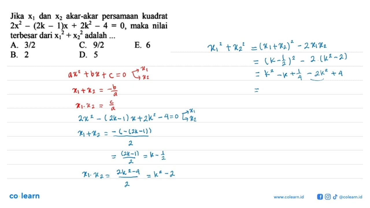 Jika x1 dan x2 akar-akar persamaan kuadrat 2x^2 - (2k - 1)x