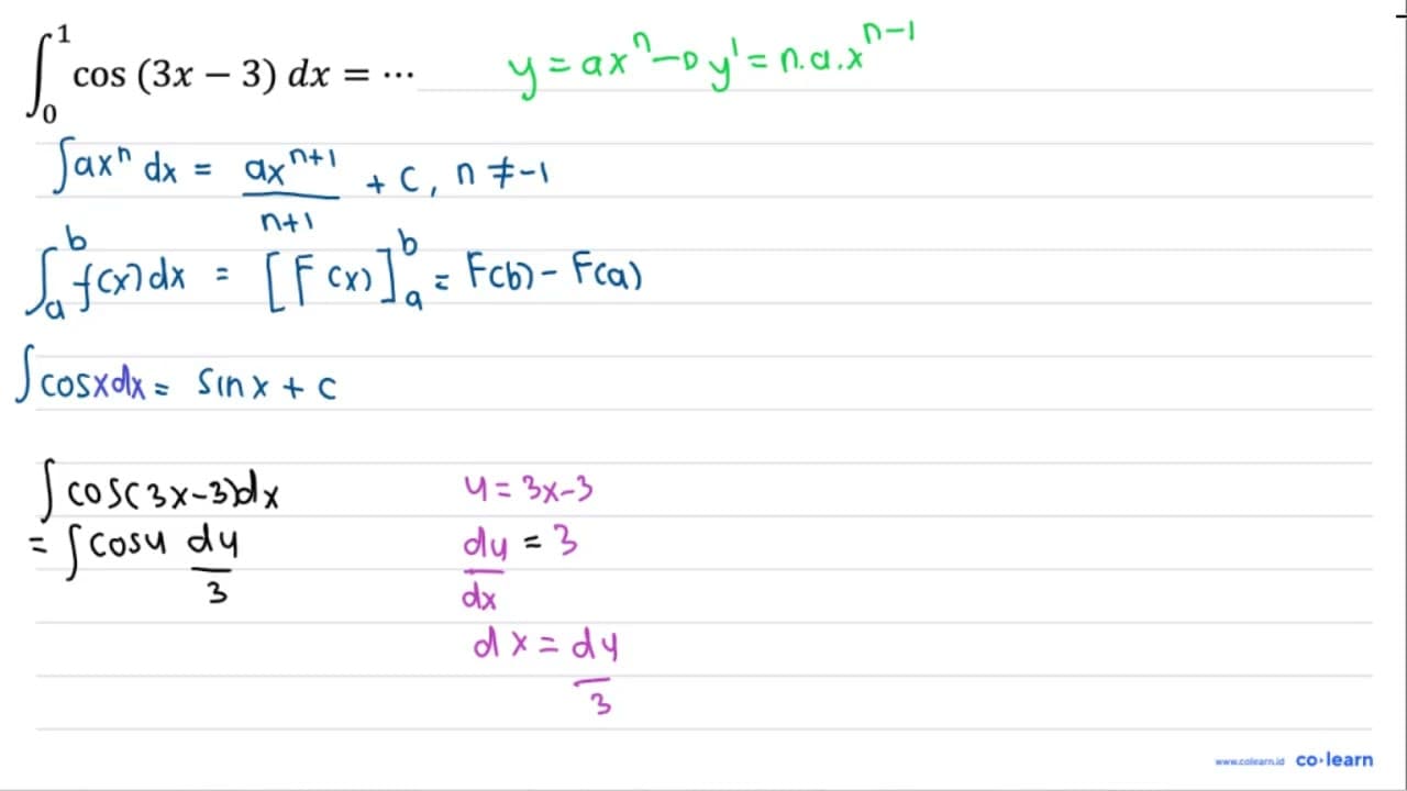 integral dari 0^1 cos (3x-3) dx=...