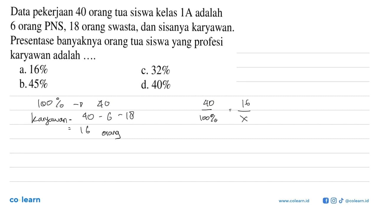 Data pekerjaan 40 orang tua siswa kelas 1A adalah 6 orang