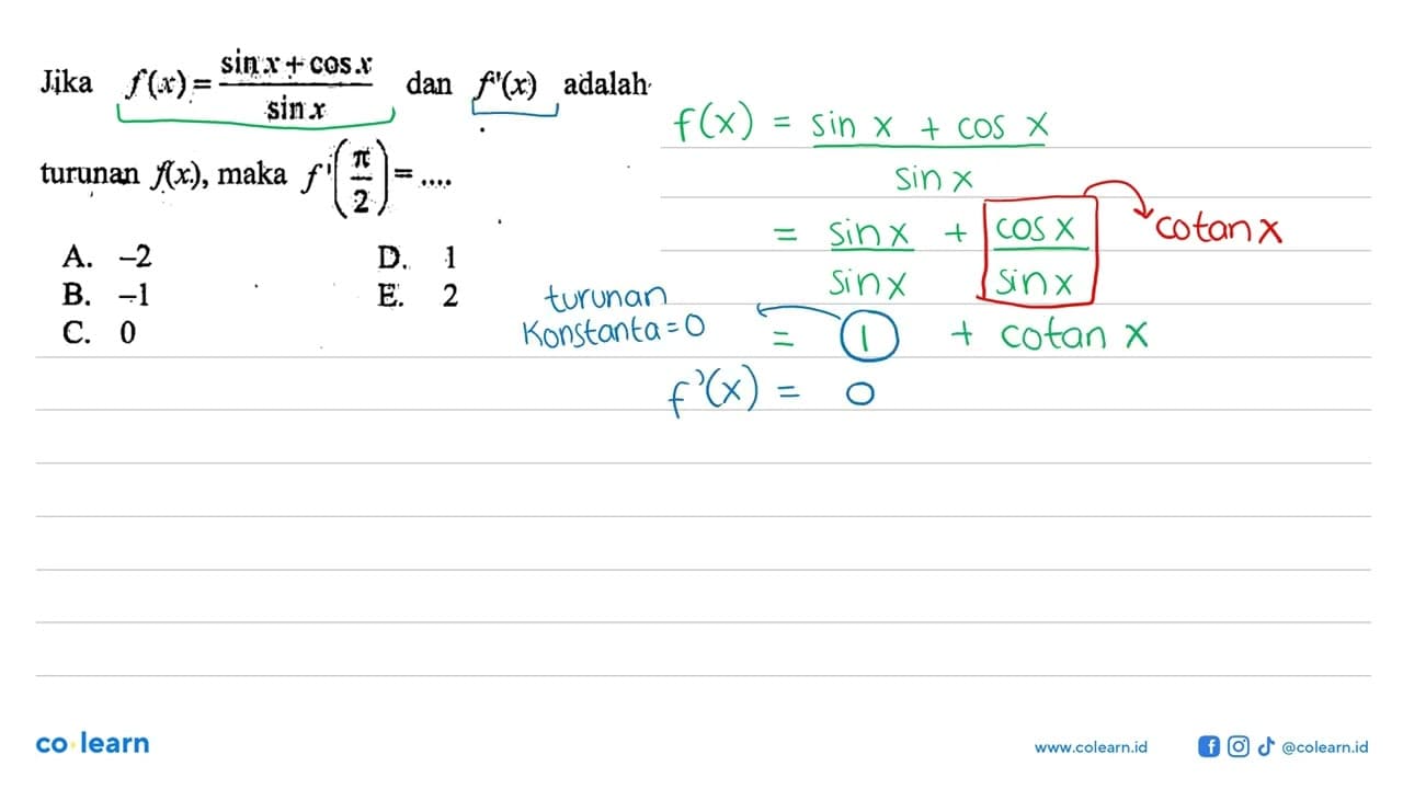 Jika f(x)=(sin x+cos x)/(sin x) dan f'(x) adalah turunan