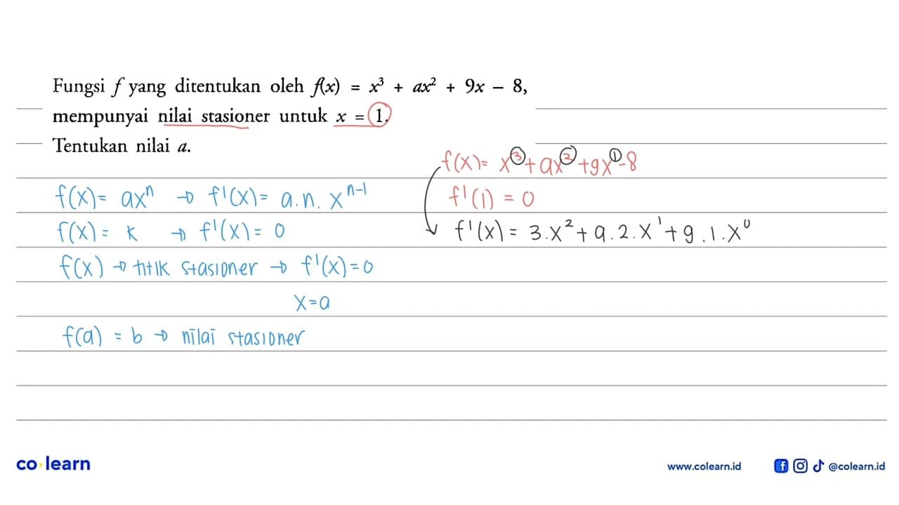 Fungsi f yang ditentukan oleh f(x)=x^3+ax^2+9 x-8 ,