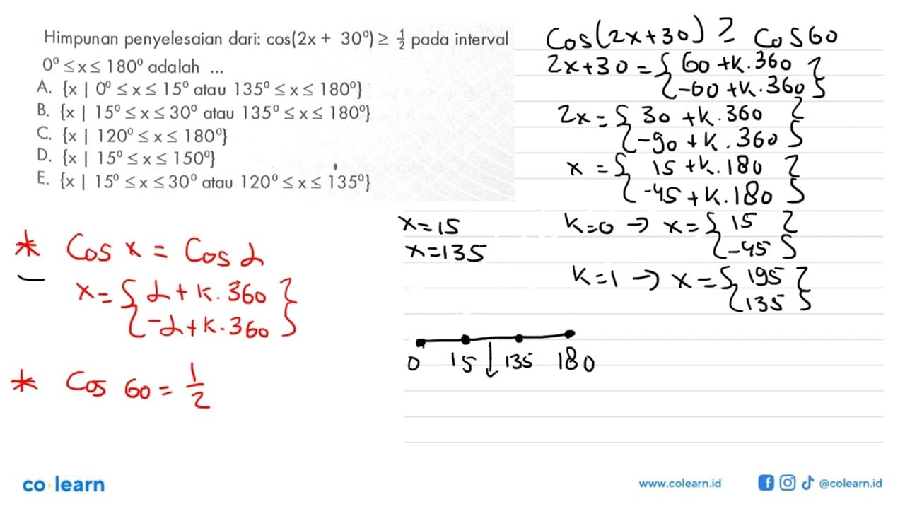 Himpunan penyelesaian dari :cos(2x+30)>=1/2 pada interval