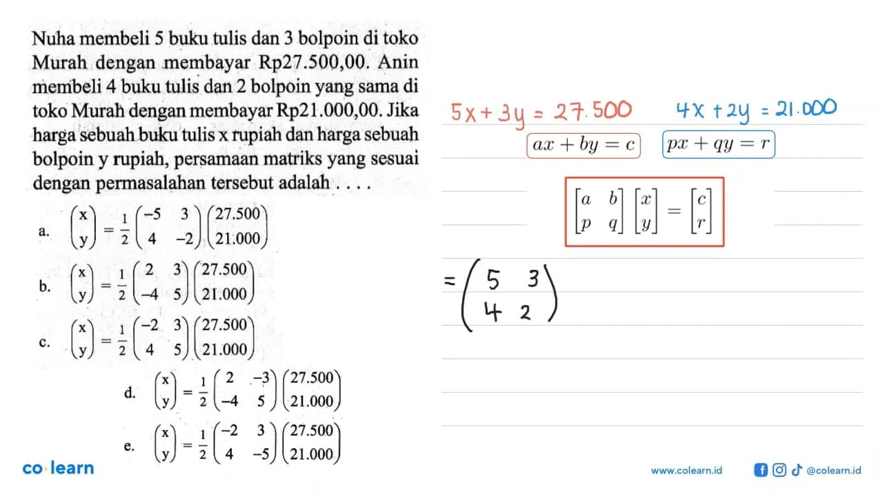 Nuha membeli 5 buku tulis dan 3 bolpoin di toko Murah