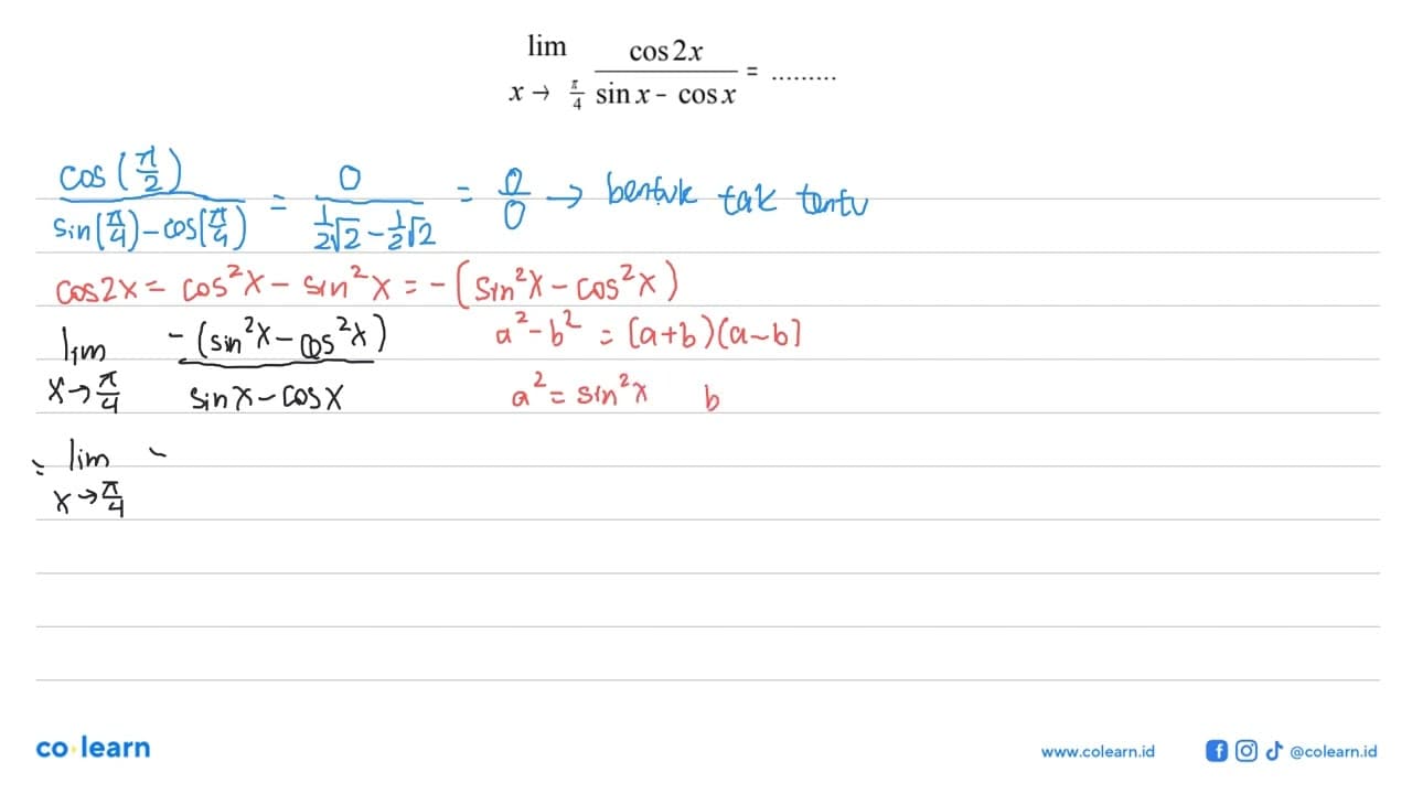 lim x->pi/4 {(cos 2x)/(sin x-cos x)}=