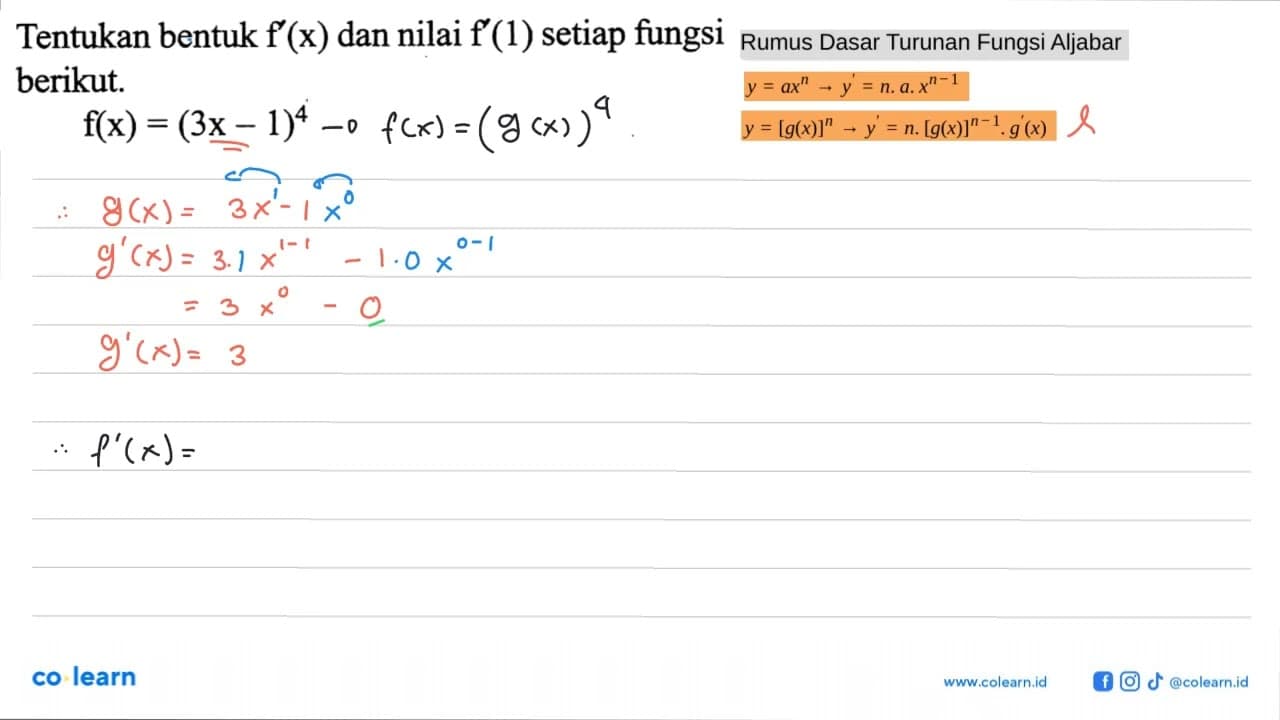 Tentukan bentuk f'(x) dan nilai f'(1) setiap fungsi