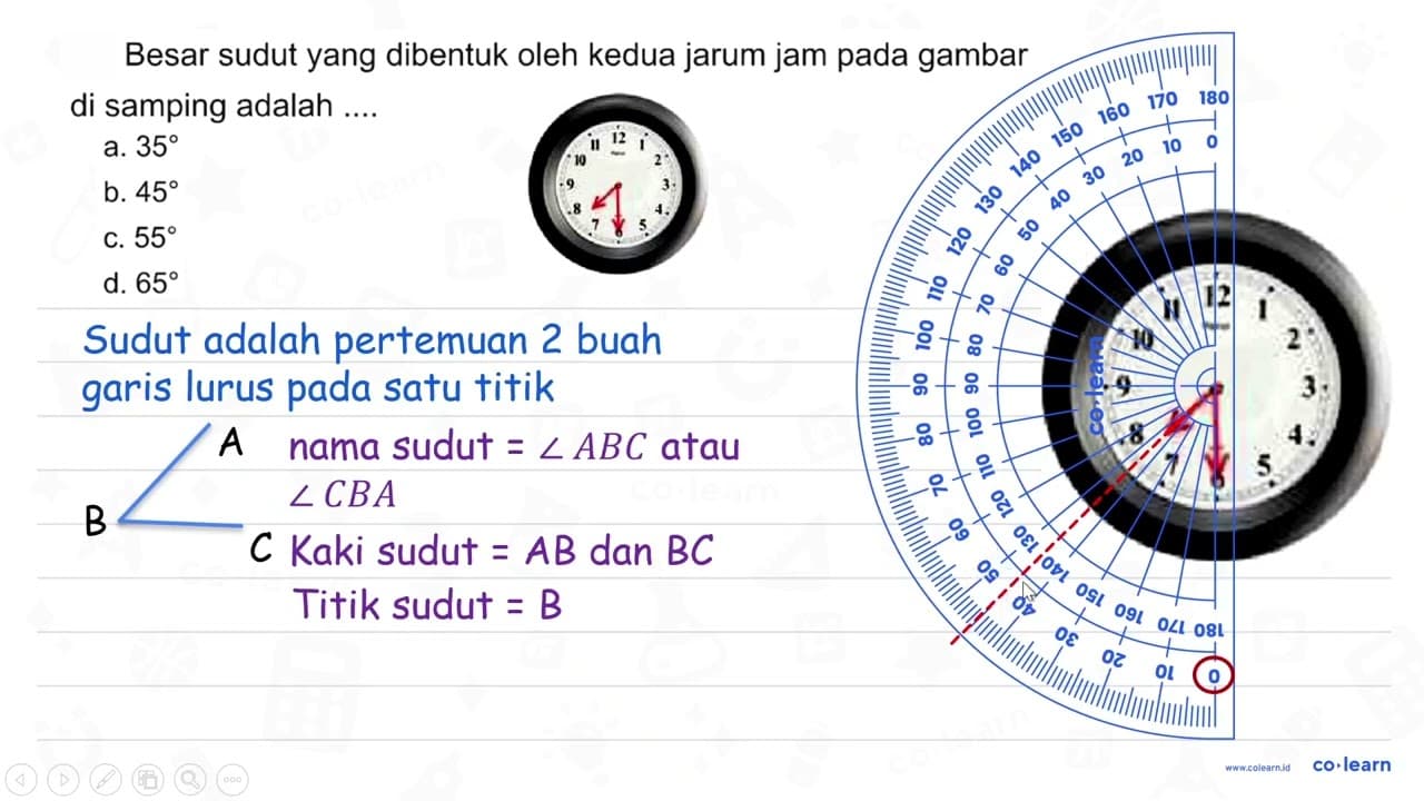 Besar sudut yang dibentuk oleh kedua jarum jam pada gambar