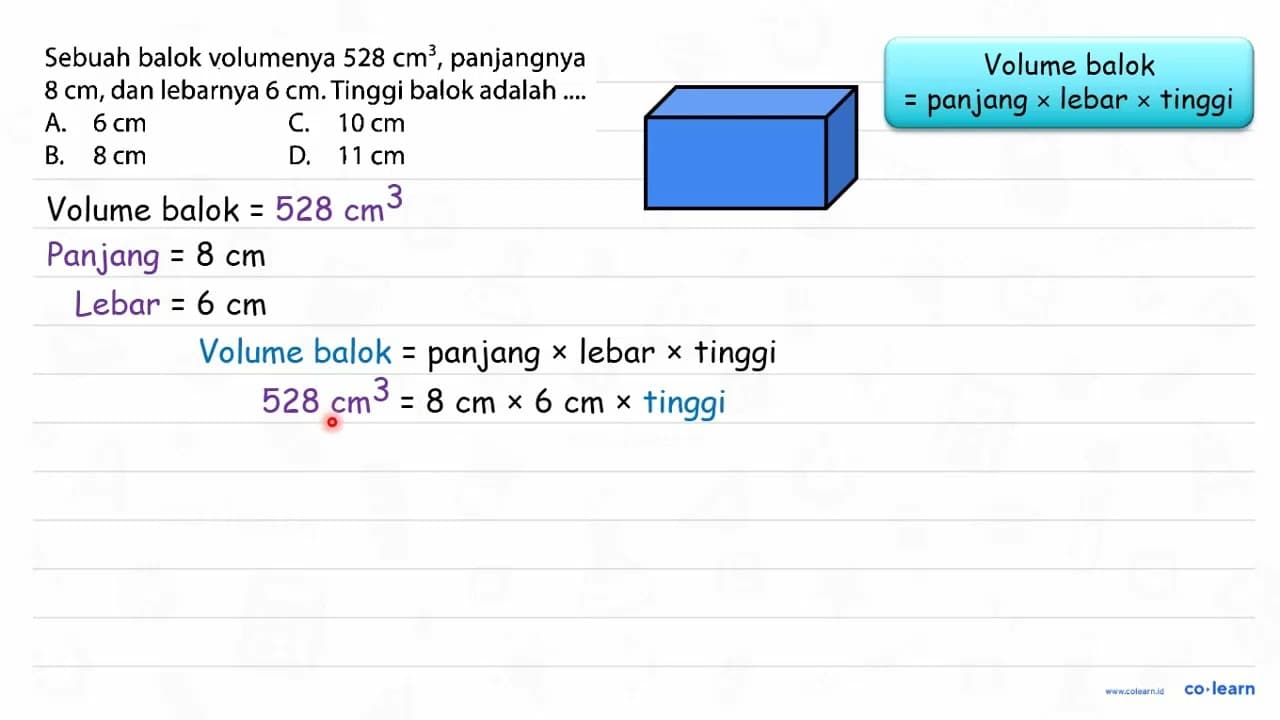 Sebuah balok volumenya 528 cm^3, panjangnya 8 cm, dan