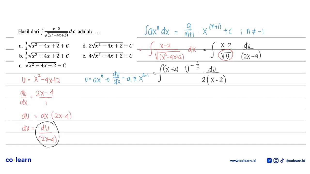 Hasil dari integral (x-2)/(akar(x^2-4x+2)) dx adalah ....