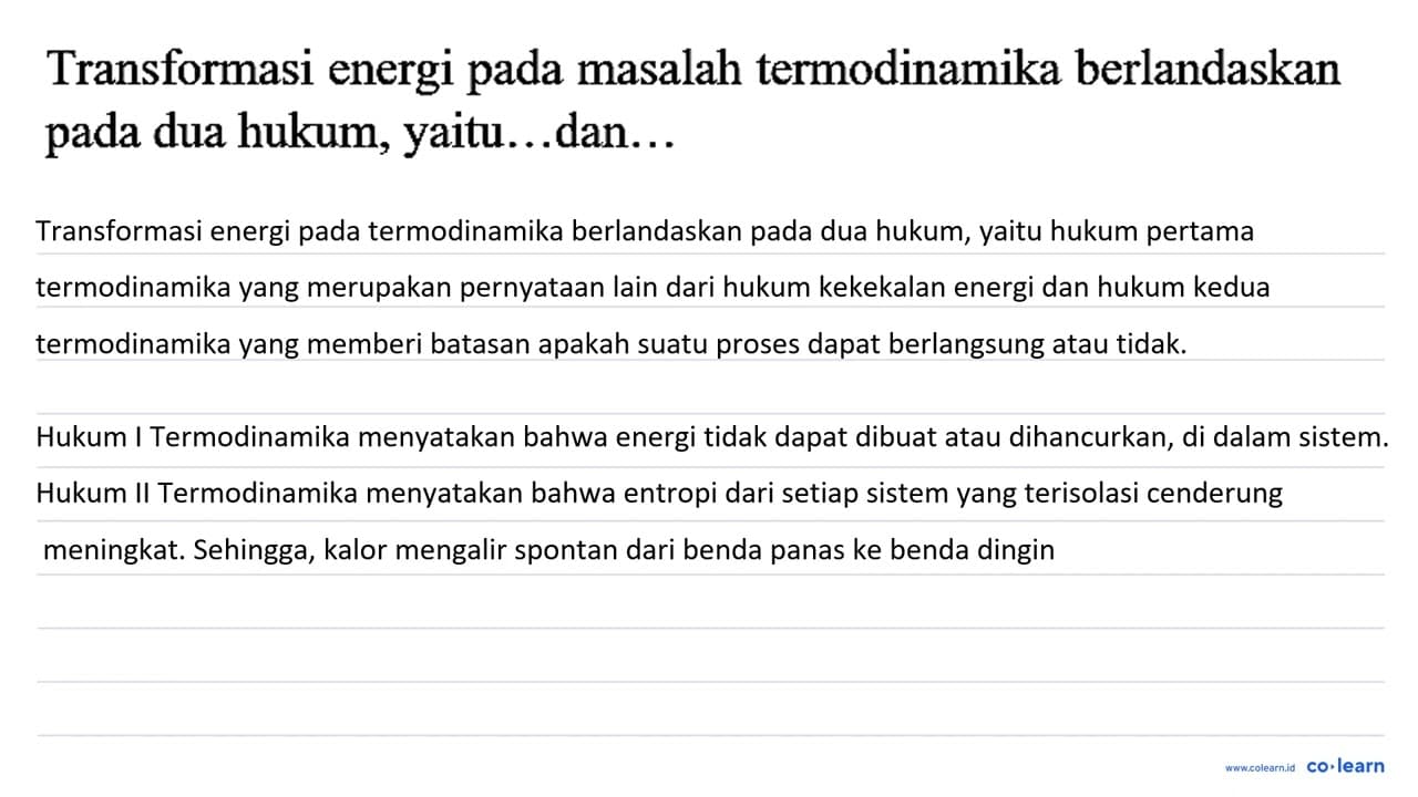 Transformasi energi pada masalah termodinamika berlandaskan