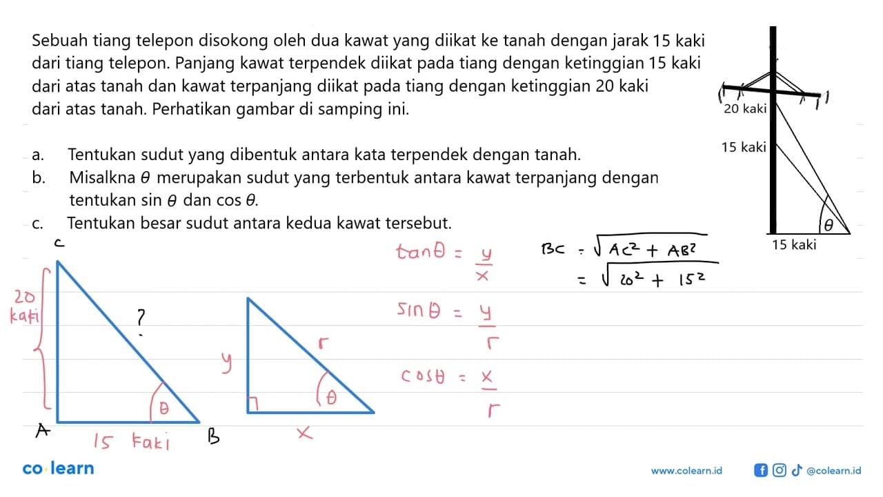 Sebuah tiang telepon disokong oleh dua kawat yang diikat ke