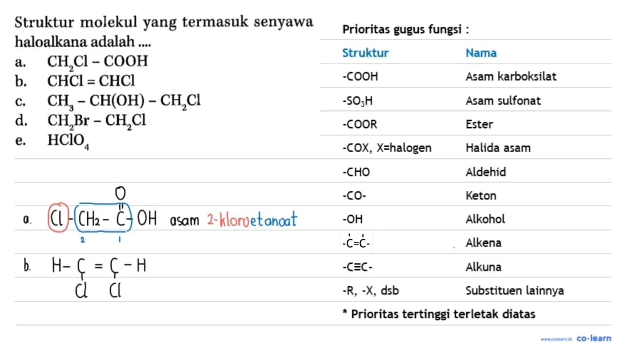 Struktur molekul yang termasuk senyawa haloalkana adalah a.