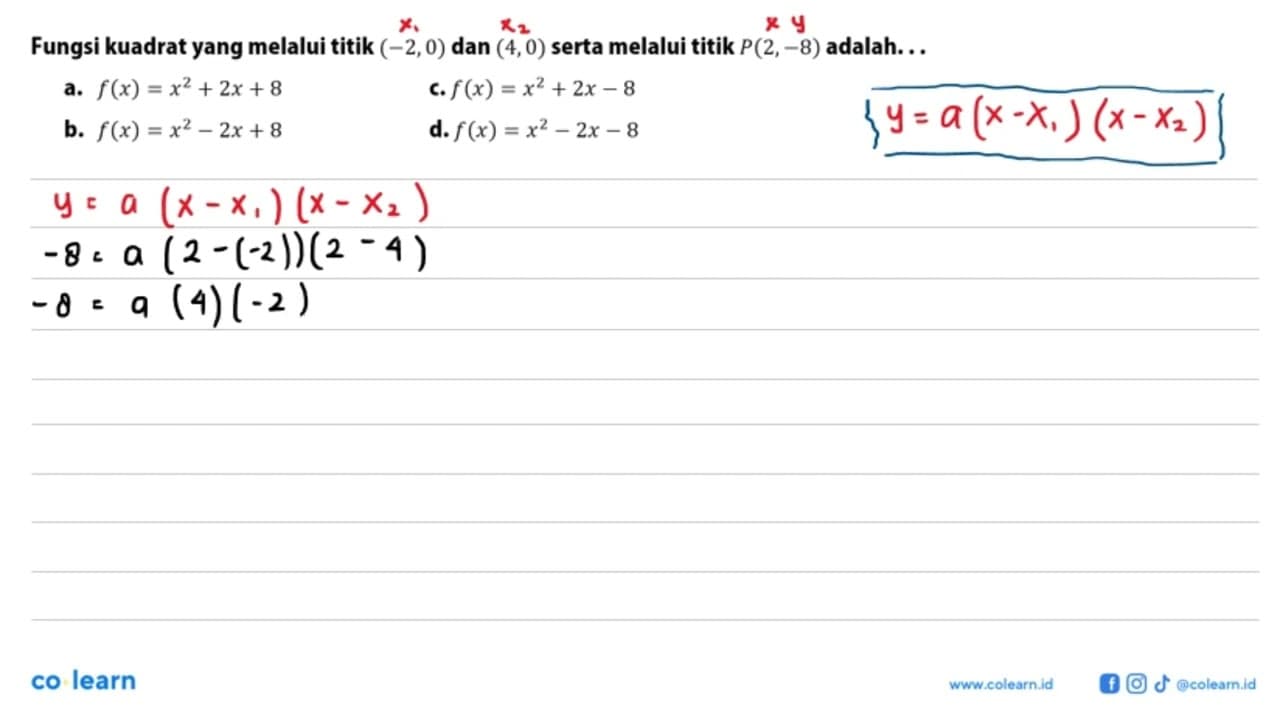 Fungsi kuadrat yang melalui titik (-2,0) dan (4,0) serta