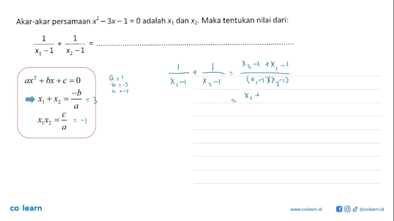 Akar-akar persamaan x^2 - 3x - 1 = 0 adalah x1 dan x2. Maka