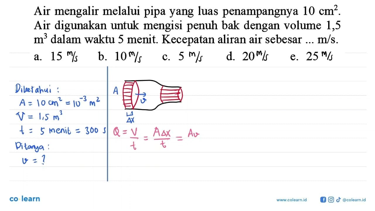 Air mengalir melalui pipa yang luas penampangnya 10 cm^2.